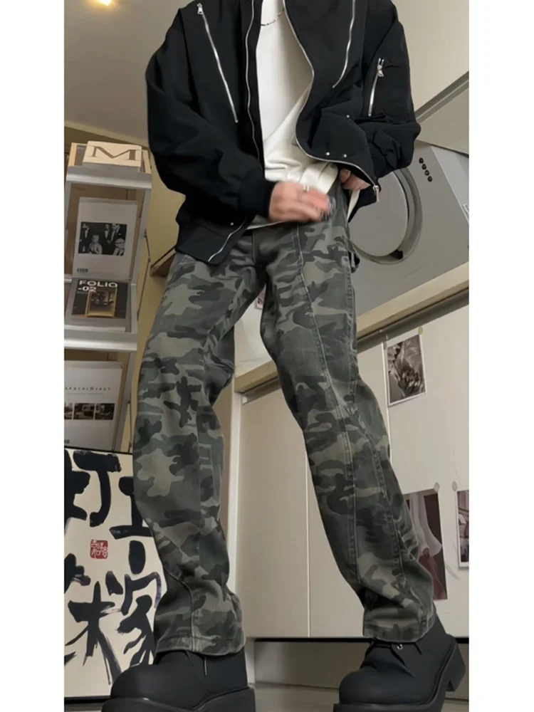 

Винтажные мужские джинсы в американском стиле с камуфляжным принтом, свободные, прямого кроя, для уличной моды, весенне-осенние, молодежные, повседневные, из денима