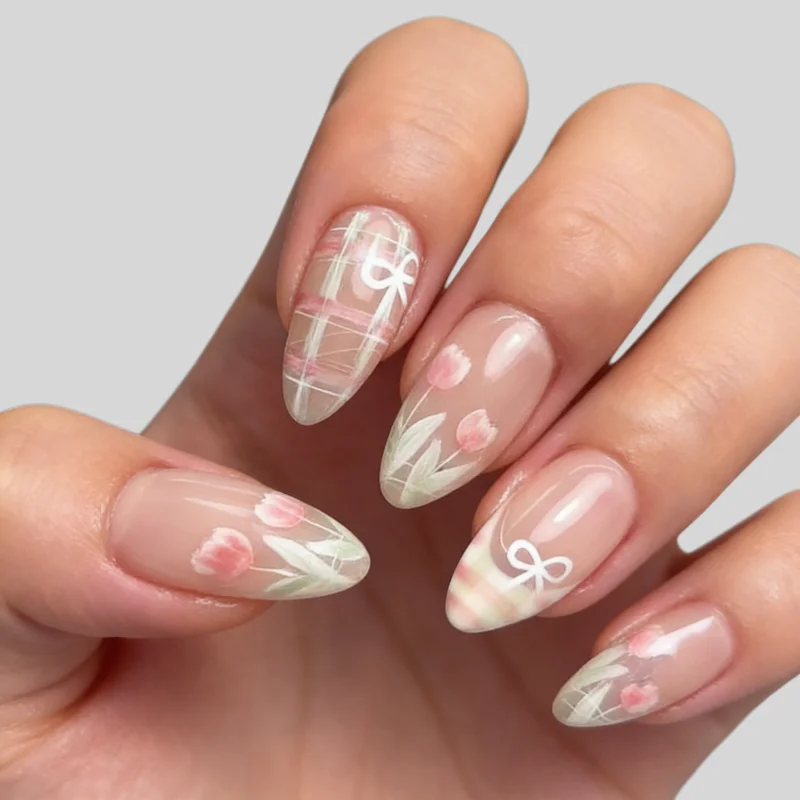 

24Pcs False Nails Sweet Spring/Summer French-Style Bow and Tulip Designs These Press-on Nails Make A Perfect Gift for Girls