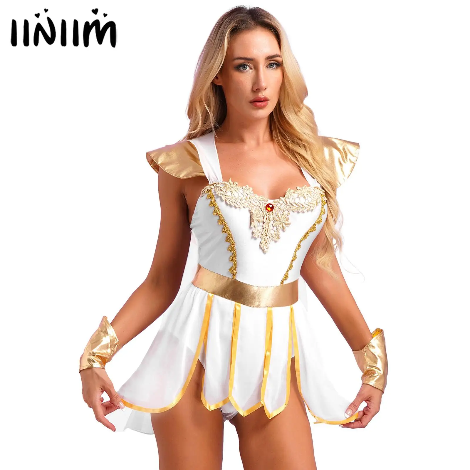 

Womens Ancient Roman Bodysuit Egyptian Queen Cosplay Costumes Integrated Cape Petal Skirt Bodysuit for Halloween Toga Costumes