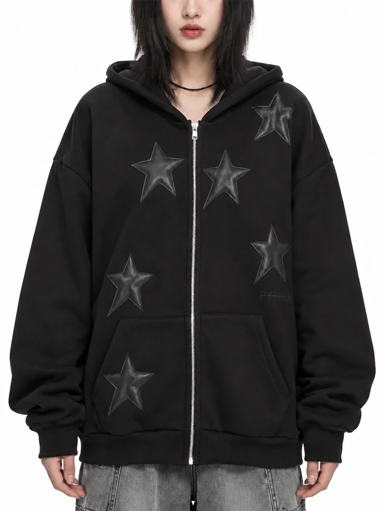 Y2K Black Zip Up Hoodie Women Oversized Leather Star Patch Applique Sweatshirt Streetwear Vintage Harajuku Graphic Jacket