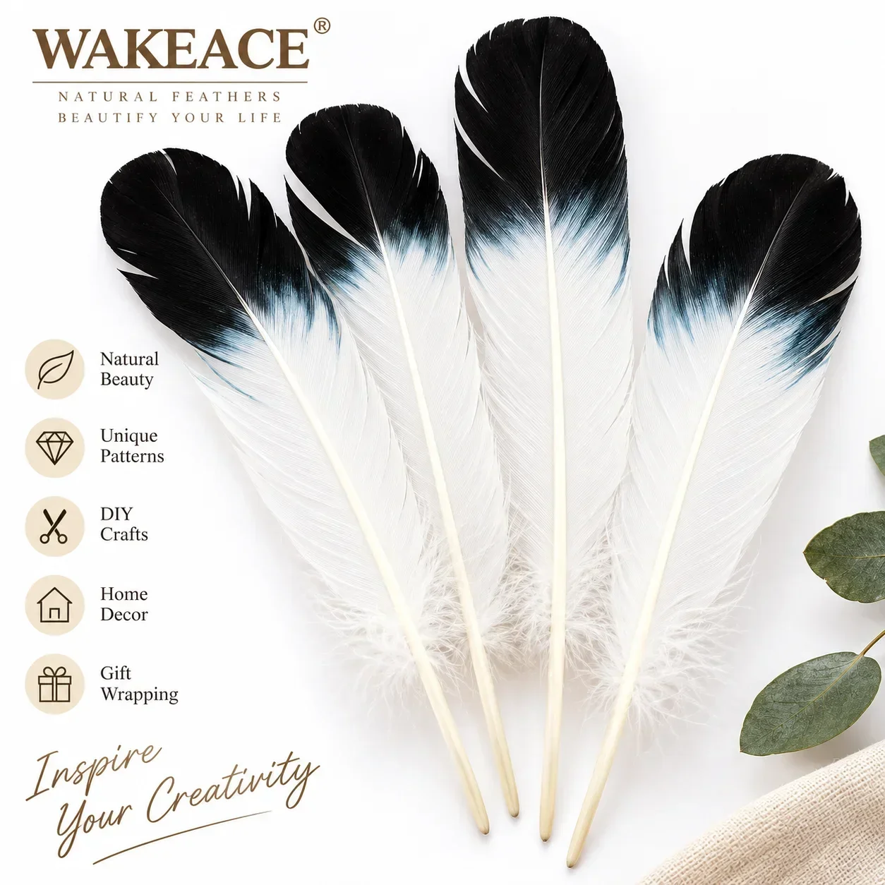 10-1000PCS WAKEACE Black Tipped White Feathers for DIY Crafts, Carnival Headdress, Costume, Wedding Party Decor & Dream Catchers