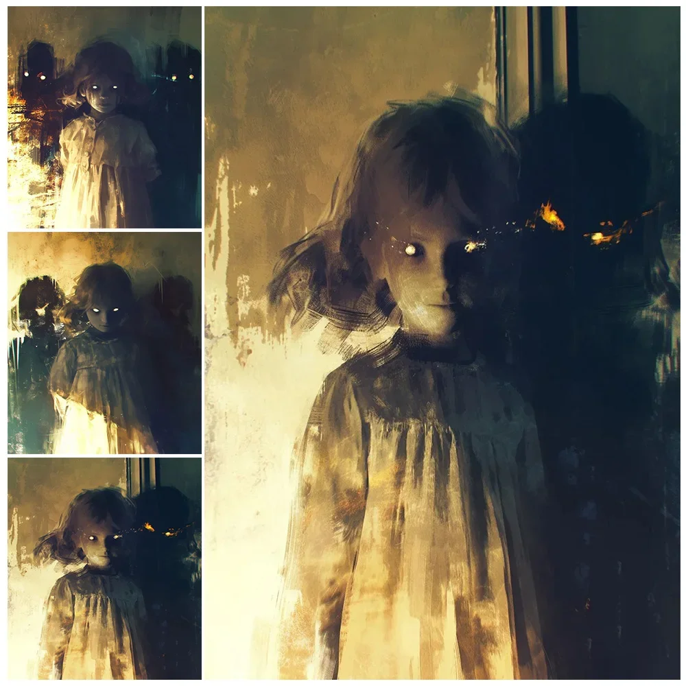Creepy Girl and Ghost Vintage Wall Art Canvas Painting Scary Evil Spirit Gothic Poster Print Decor