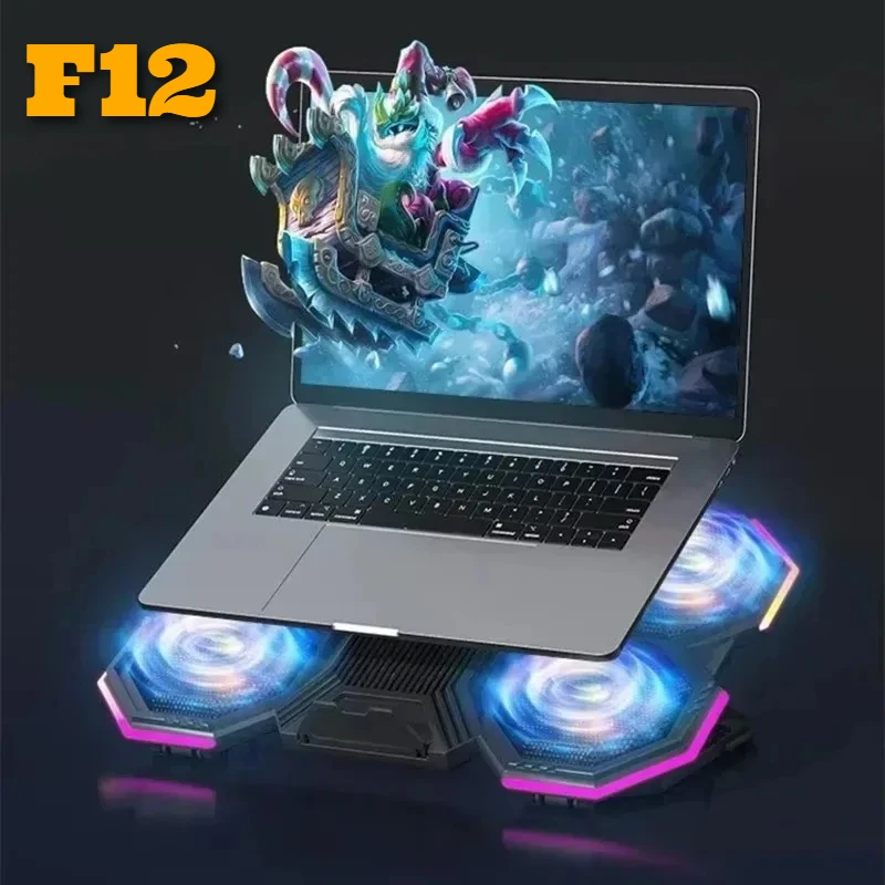 

F12 Laptop Gaming Air-cooled Cooler with Cellphone Holder RGB Light 6 Cooling Fans 2 USB Ports Lifting Notebook Radiator Bracket