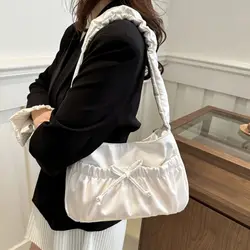 Satin Pleated Hand Bag Simple Bow Portable Fashion Underarm Bag Luxury Korean Style INS Shoulder Bag Storage Bag