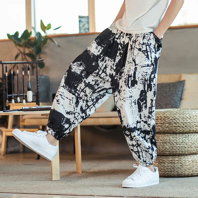 Printed Men Women Baggy Harem Pants Hip hop Joggers Causal Loose Trousers Aladdin Crotch Wide Leg Cotton Linen Pants