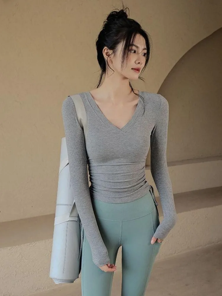 

Women's Yoga Sportswear Long Sve Fitn Running Suit Slimming Tight Training Clothes V-ne Cotton Blend 2023 Autumn New