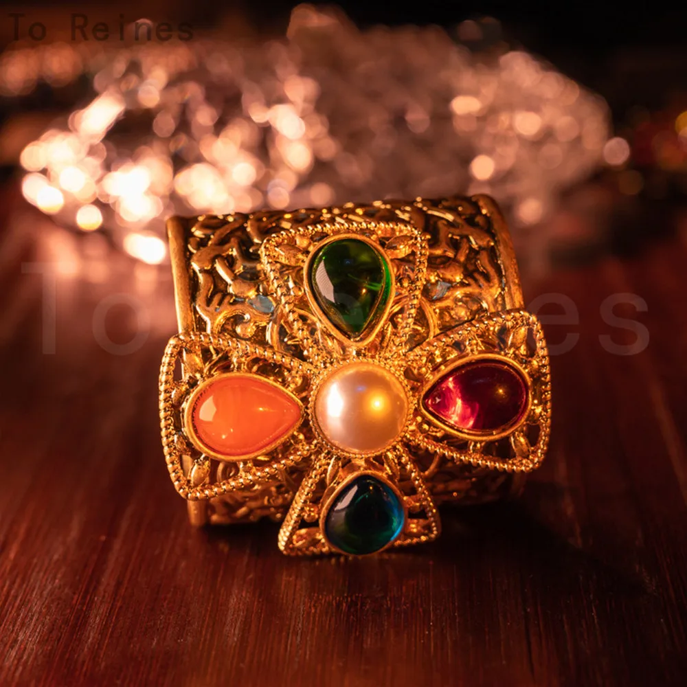 Vintage Classic Bracelet For Women Fashion Colored Glass Gem Open Pulseira Luxury Jewelry Party Valentine's Day Gift