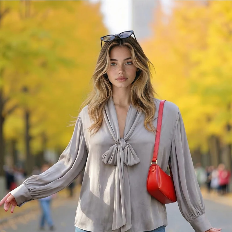 

Новинка Весна 2026: Женское корейское модное элегантное платье с длинным рукавом, V-образным вырезом и декоративным узлом