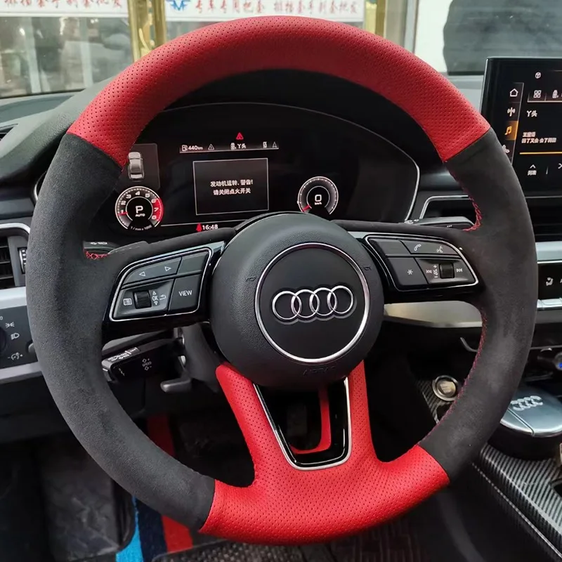 For Audi A4 A6 A8L Hand-sewn Car Steering Wheel Cover Q3 Q5 Q7L AQS RS Genuine Leather Non-slip Braid Auto Interior Accessories