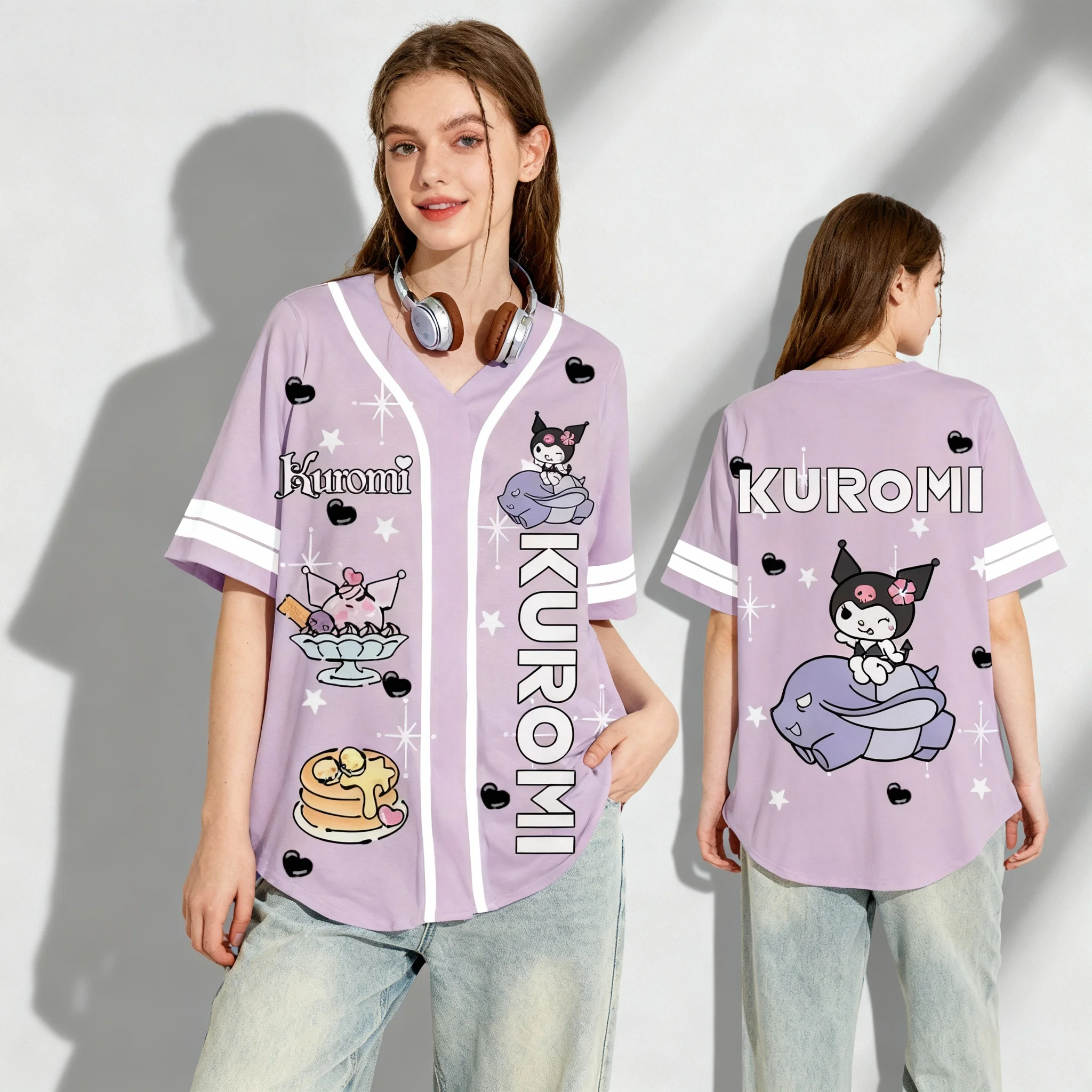 سانريو المشجعين ميلودي كورومي النمط الرياضي الأمريكي الحلو وبارد تيشيرت صيفي المتضخم الرجال والنساء بلايز رياضية الكبار