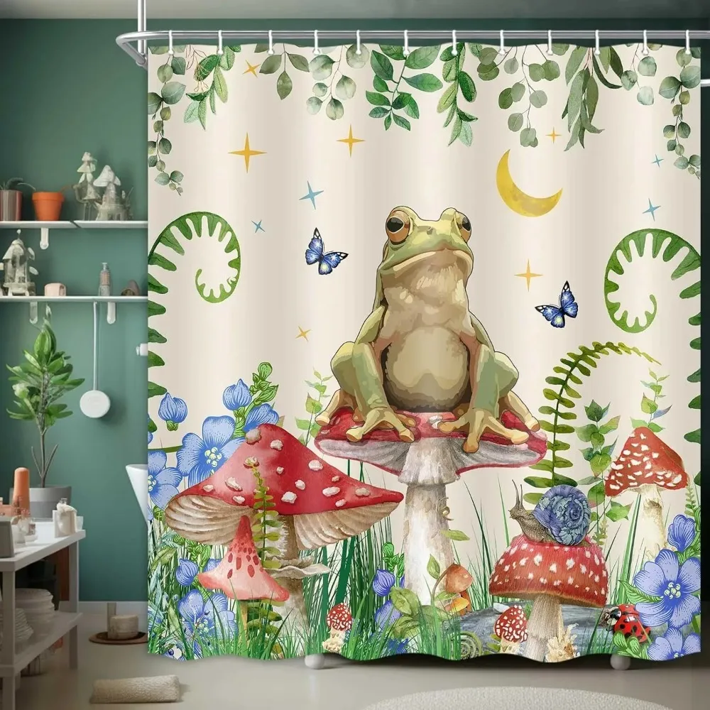 

Mushroom Printed Shower Curtain Boho Moon Stars Aesthetic Floral Frog for Bathroom Decor