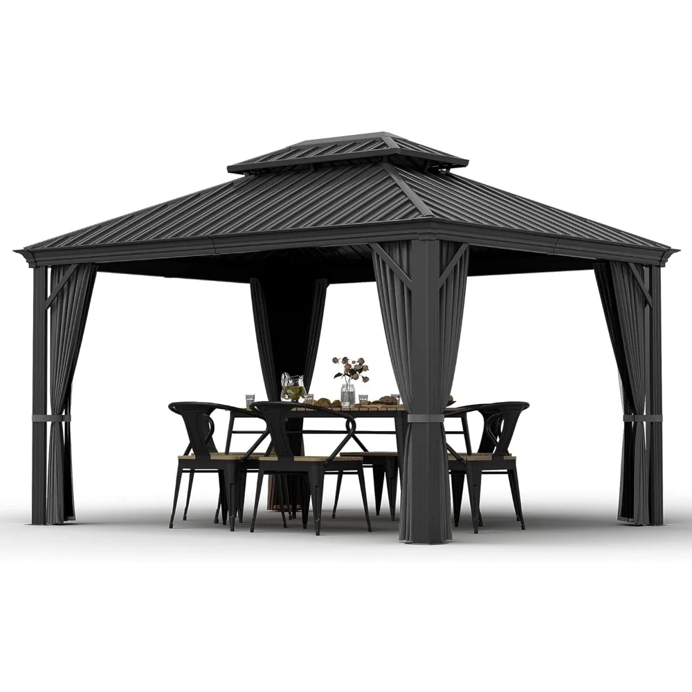 10' X 12' Hardtop Gazebo, Gazebo with Netting and Curtains, Double Roof Permanent Patio Metal Gazebo Canopy for Patio, Deck