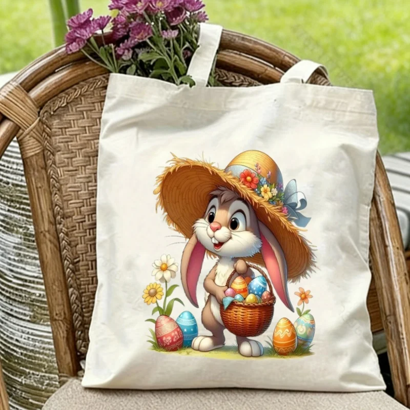 

1 шт. Милая пасхальная сумка-корзинка с кроликом и яйцами, холщовая сумка-тоут с двусторонним принтом, многоразовая сумка через плечо, пасхальный подарок для подростков