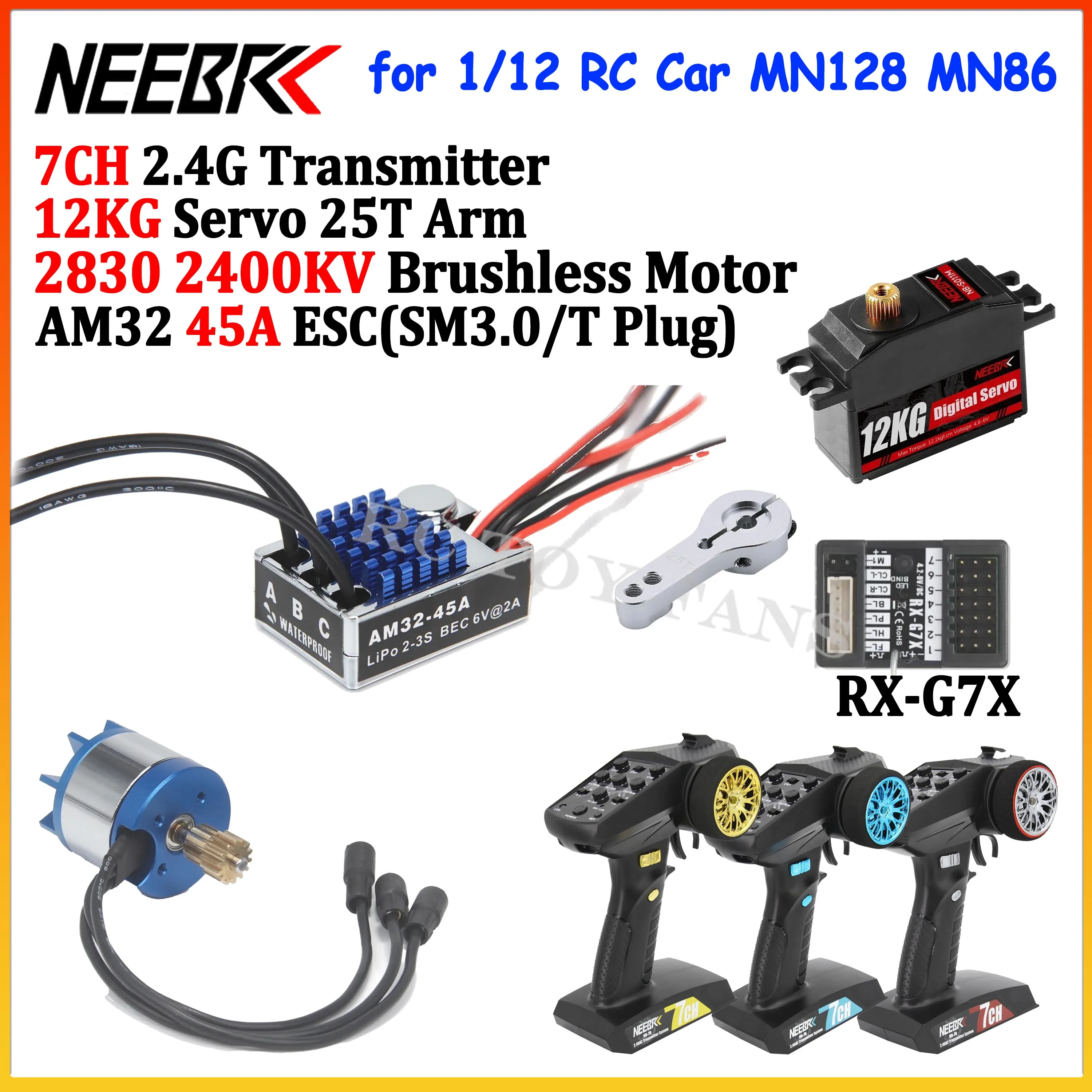 7CH Transmitter 2830 2400KV Brushless Motor AM32 45A ESC 12KG Servo Power Combo for 1/12 RC Car Crawler MN128 MN86 Upgrade Parts