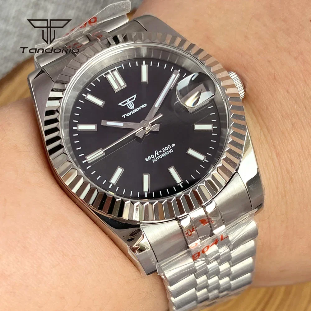 Tandorio NH35A 39mm/36mm Relógio Automático Masculino de Aço Inoxidável 316L Data Safira Relógios Mecânicos Sunburst Moldura Canelada Lume