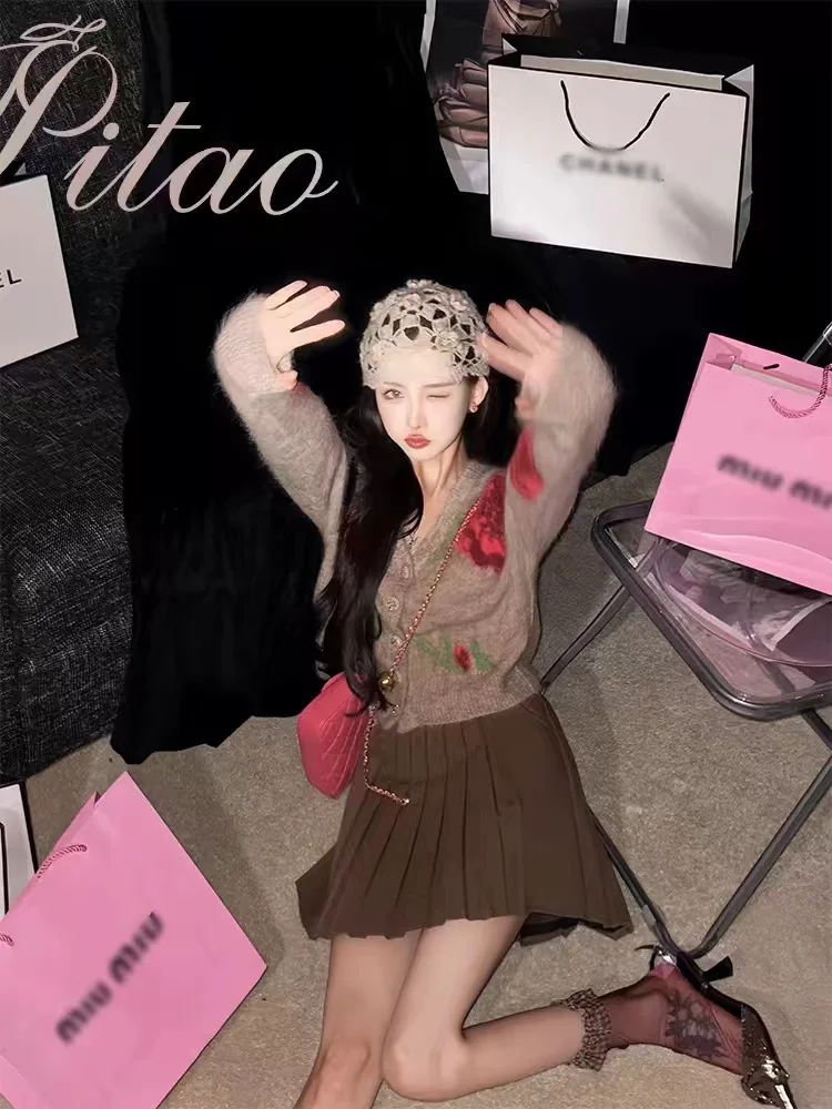 المألوف روز طباعة سترة مشغولة من الصوف المرأة فضفاضة تناسب الخامس الرقبة الخريف الشتاء نمط جديد تخفيف سترة سترة F494 #3