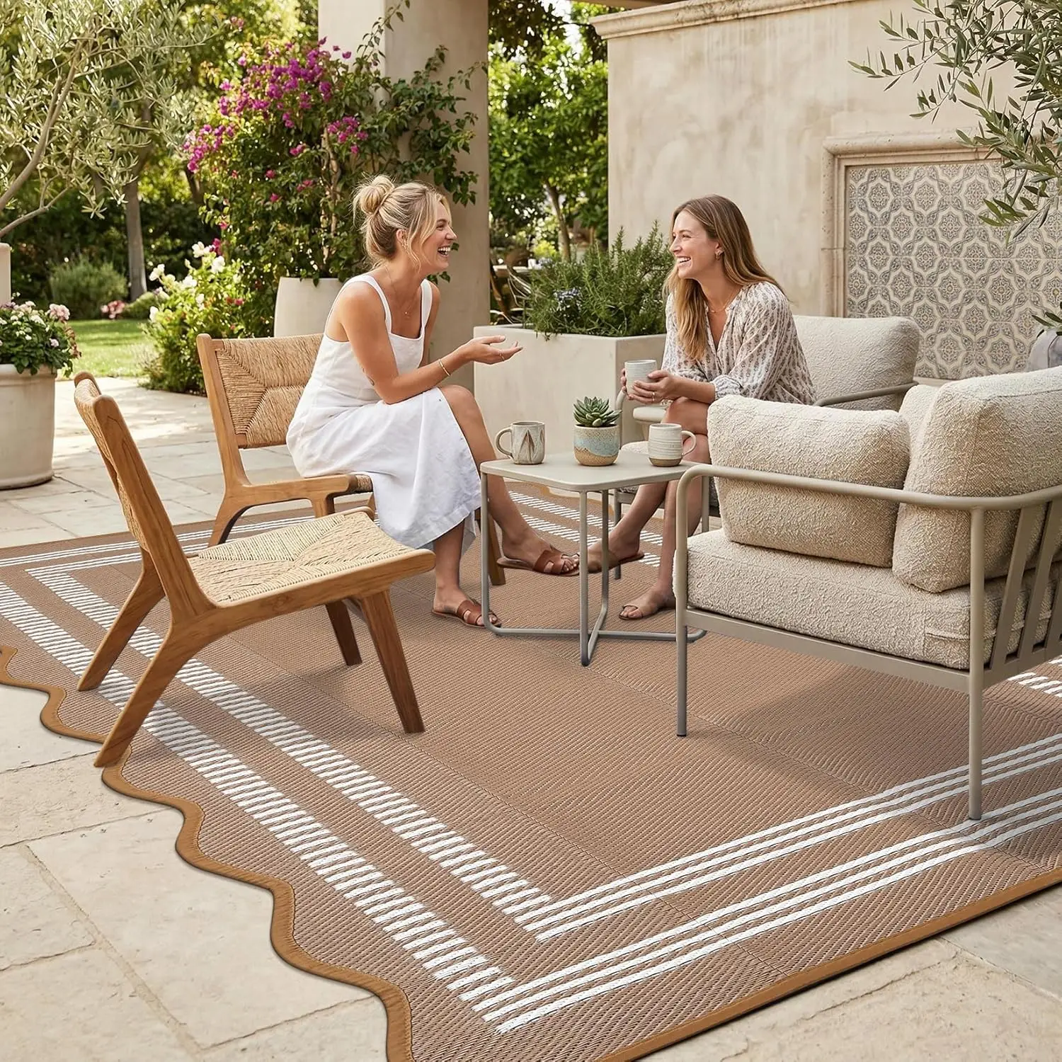 

Waterproof Outdoor Rug 5x8, Scalloped Geometric Foldable Plastic Straw Patio Camping Rug, Outdoor RV Carpet for Deck Camper P