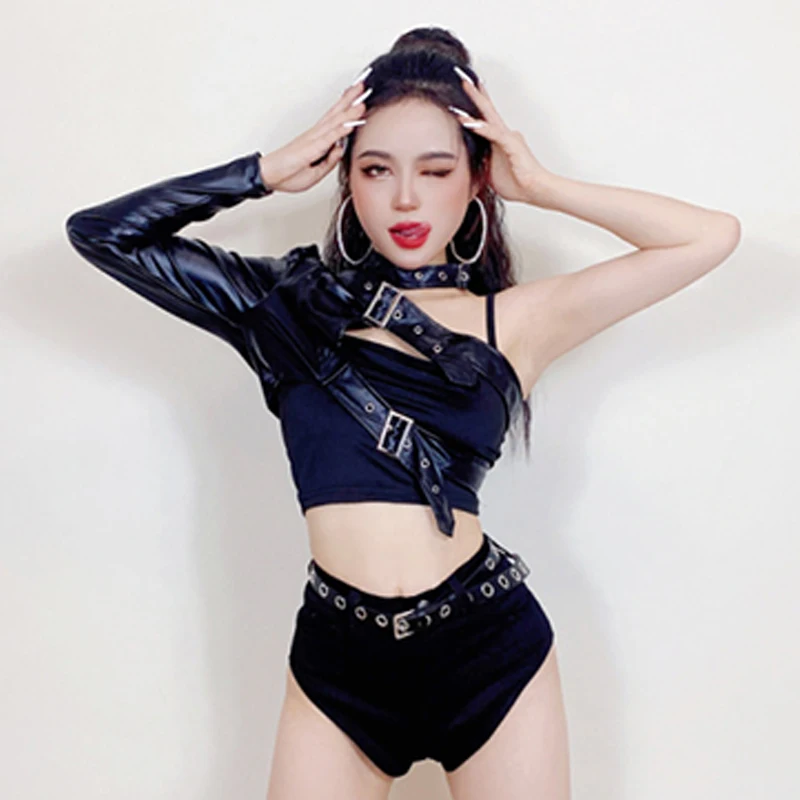 Sexy Jazz Dance Costume Women Dj Stage Outfit Black Leather One-Sleeve Pole Dance Clothing Nightclub Performance Suit DNV16438