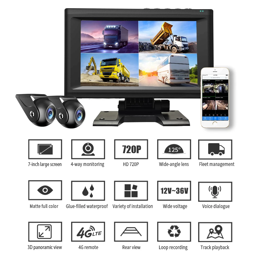 4G WiFi GPS ADAS DMS AI System 7 Inch 1080P 4-Channel DVR School/Bus/Truck Black Box With Rear View Dash Cam For Vehicles