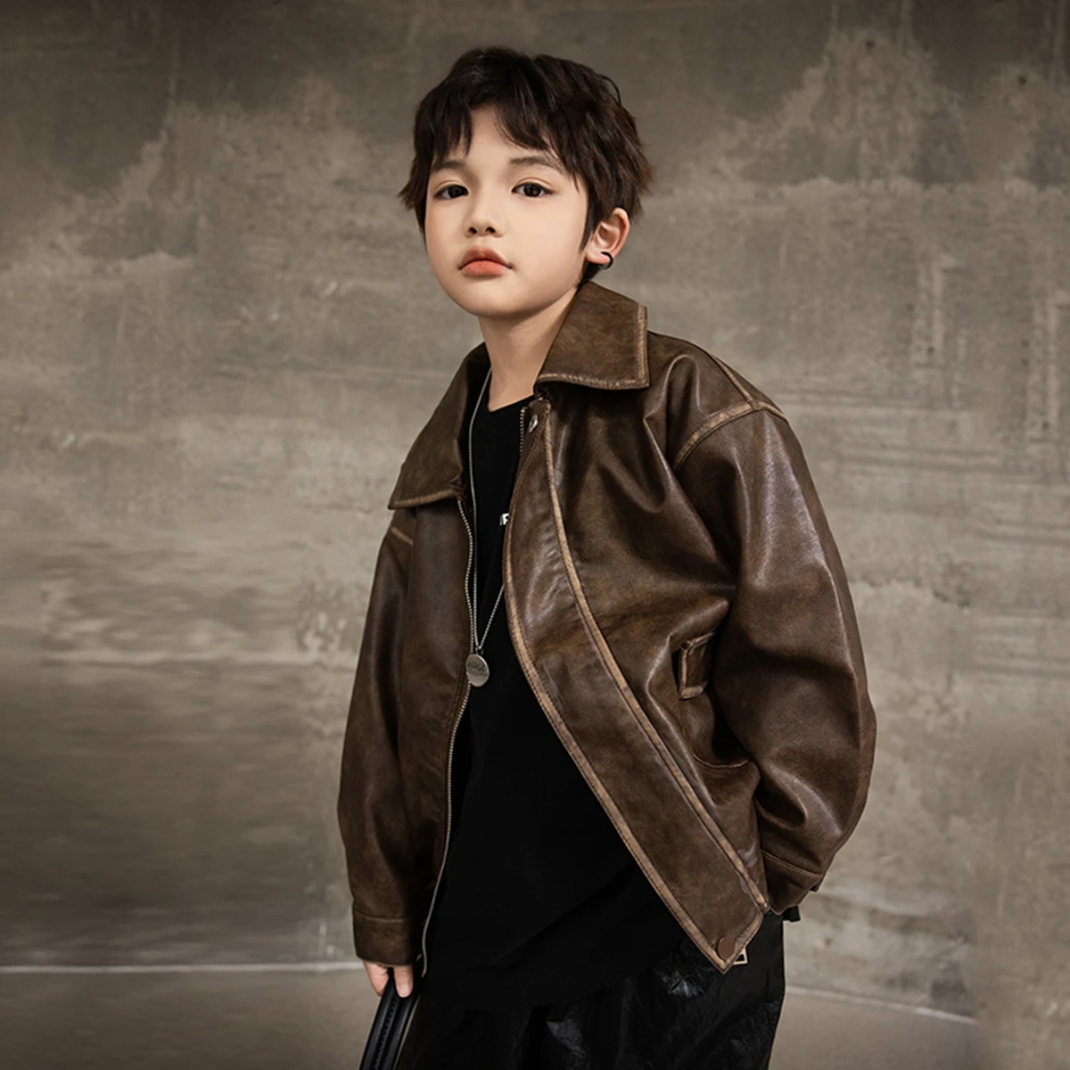 Boys Leather Jacket Coat Spring Autumn Style Korean Version Pure Color Long Sleeve Zipper Closure Soft PU Leather Coat for Kids
