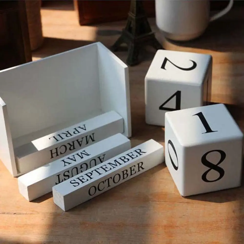 

MDF Wooden Perpetual Calendar Pastoral Style Eternal Blocks Building Blocks Calendar Month Display Perpetual Calendar