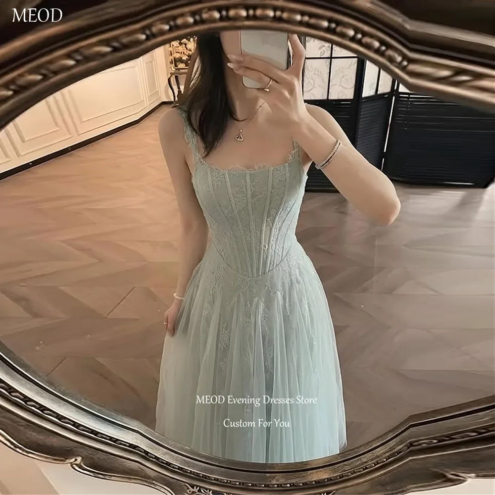 

MEOD Mint Green Strapless Prom Dress Spaghetti Strap Lace Appliques Evening Gowns Backless Tulle Robes De Soirée Customized