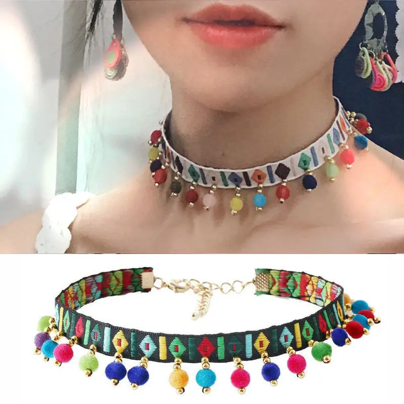 Bohemian Choker Necklace For Women Creative Ethnic Fabric Pom Pom Ball Short Clavicle Necklace Pendant Aesthetic Jewelry Gifts