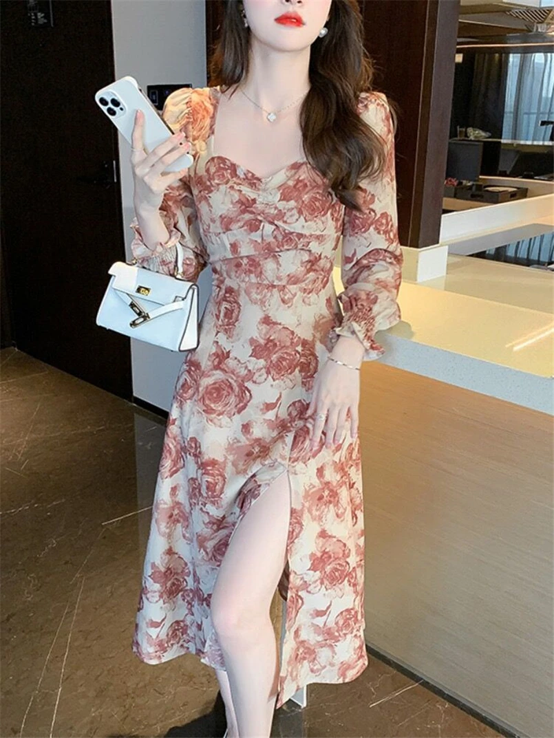 Vestido de verano con estampado Vinatge, Vestidos largos bohe para fiesta en la playa, cuello cuadrado, mangas largas, vestido Sexy con abertura alta, Vestidos de talla grande