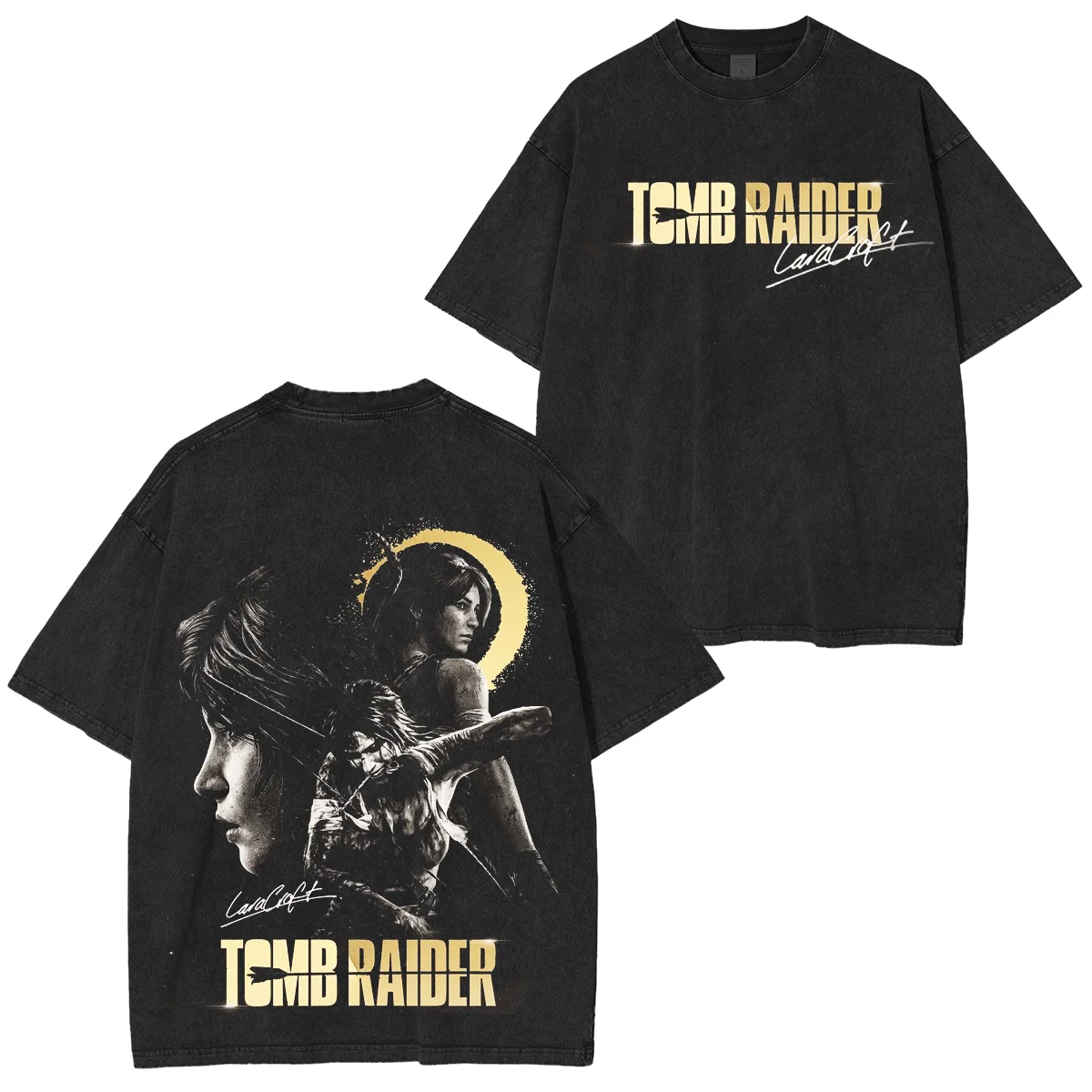 Tomb Raider Unisex Washed T-shirt Washed Streetwear Men Women Y2k Short Sleeve Heavyweight Cotton Top Tees Female Male Clothing