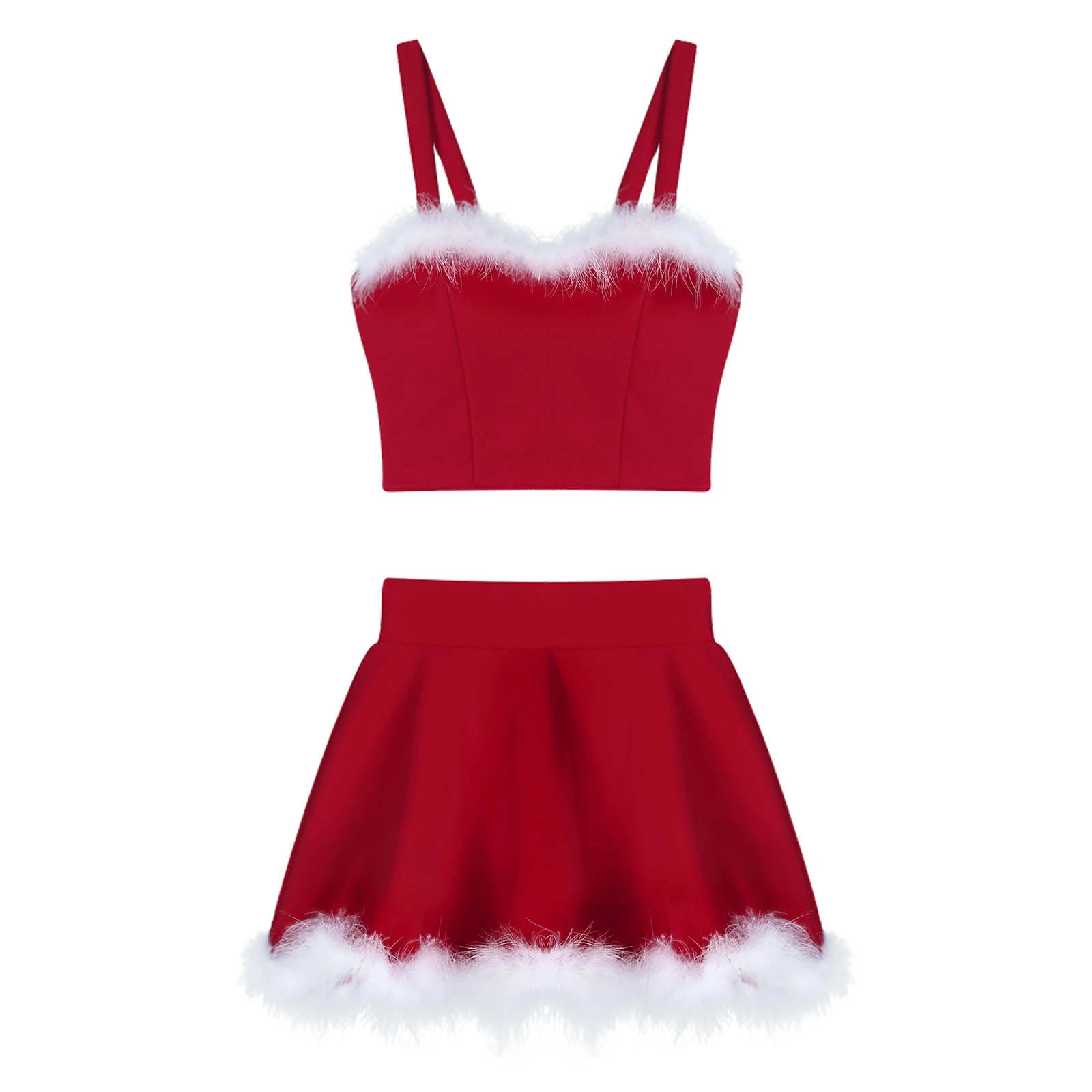 Womens Christmas Santa Claus Costume Faux Fur Trim Crop Top with A-Line Mini Skirt Xmas New Year Theme Party Cosplay Outfits