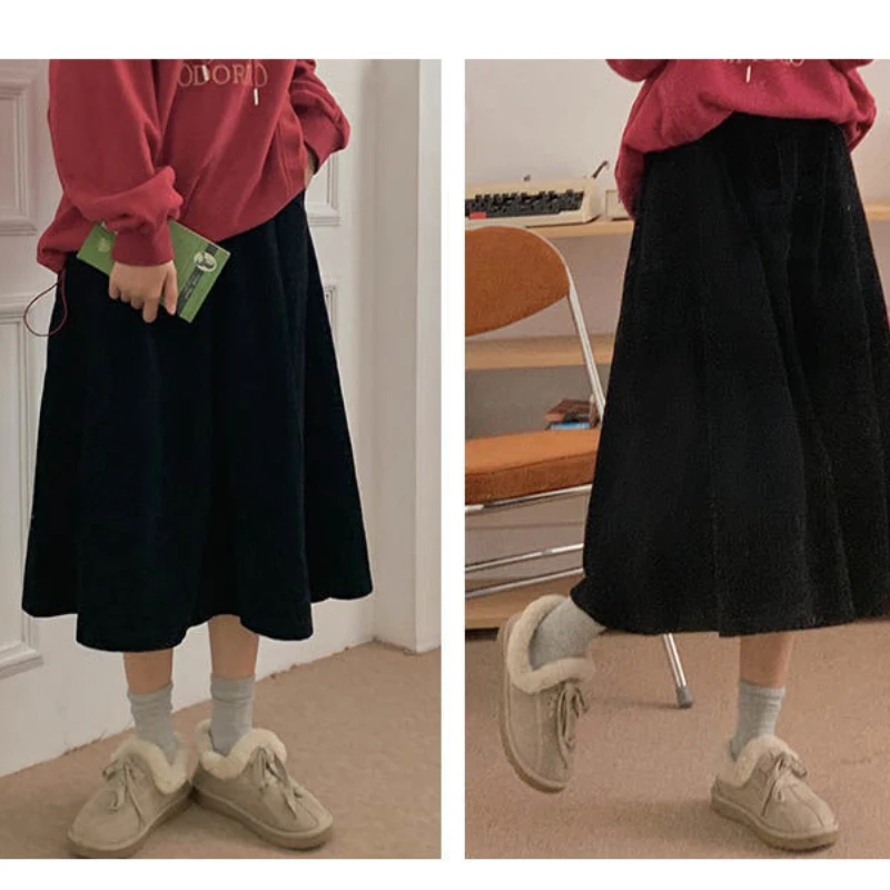 

Black Corduroy Midi Skirt Women Skirts Vintage High Waist Long A-line Skirt for Student Girl 2022 Spring Autumn Elegant Clothing