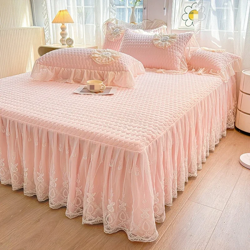 1pcs Wrap Around Bed Skirt Four Season Universal Dust Ruffle Anti Slip Fully Wrapped Bed Cover Long-length Floor-length Lace Hem