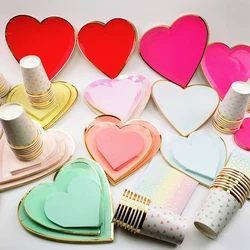 8pcs Heart Shaped Party Disposable Tableware Wedding Engagement Decorations Red Plates Cups Valentine's Day Bridal Shower Decor