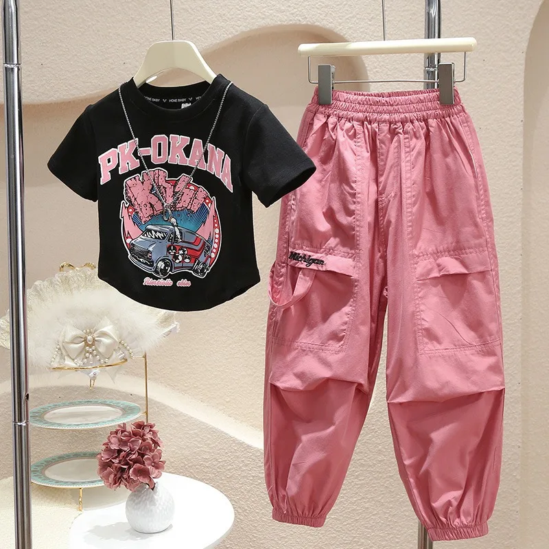

2025 spring Kids tracksuit Children set Girls Clothes print letter striped T-Shirt + Cargo Pants Teenager 4 8 6 7 10 11 12 year