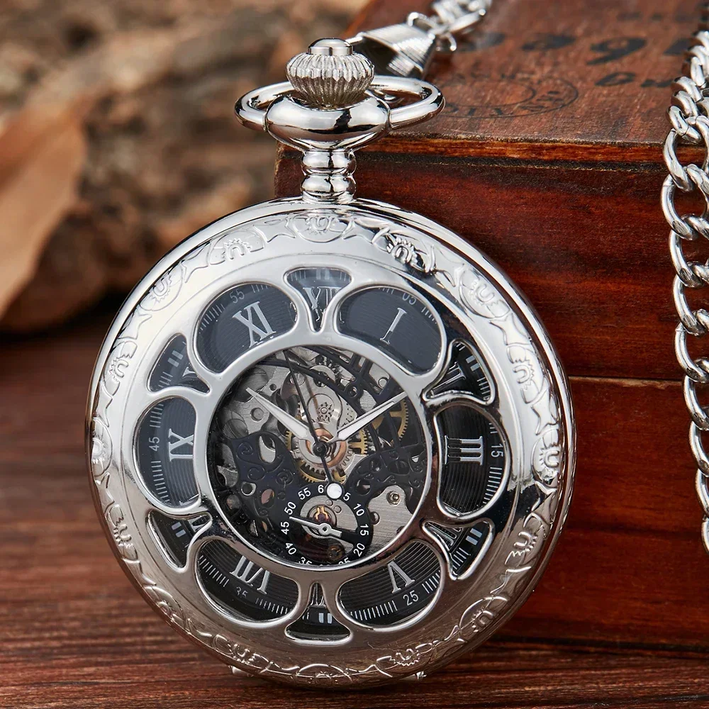 ساعة جيب ميكانيكية بهيكل عظمي Steampunk، هيكل فضي منقوش، أرقام رومانية فاخرة بسلسلة فوب للرجال