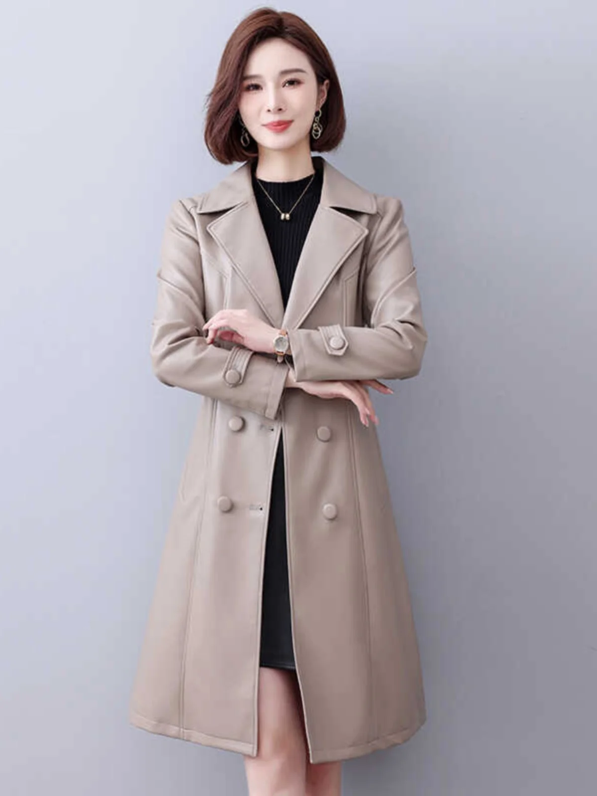 Cappotto in Pelle di Agnello Slim Fit a Lunghezza Media per Donna Primavera 2025, Giacca a Vento in Vera Pelle Heining, Maniche Lunghe, Doppiopetto