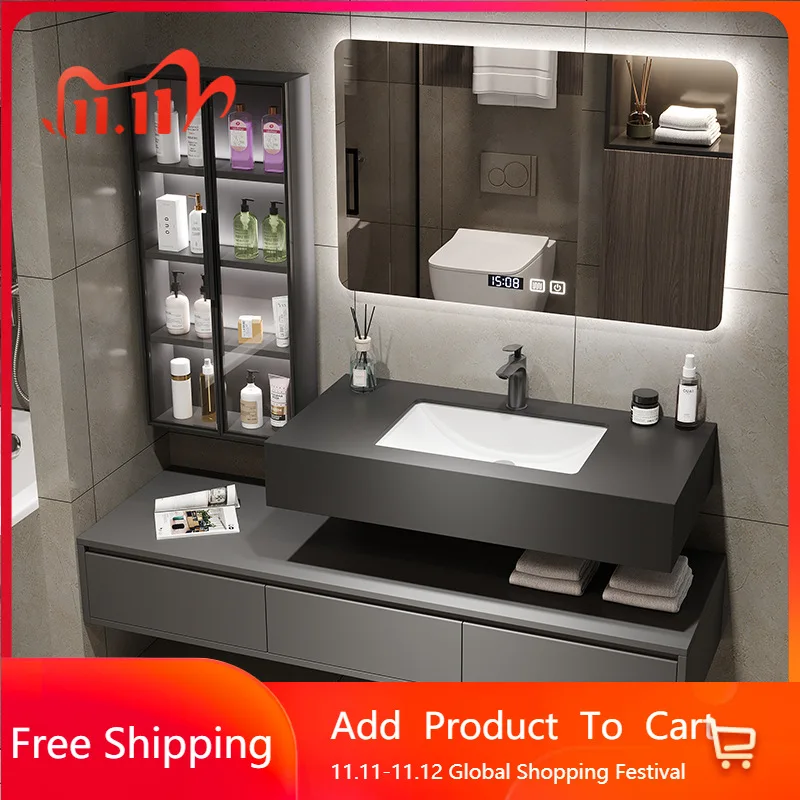 

ModernLuxury Bathroom Cabinets with Side Cabinet Rock Ceramic Basin Bathroom Vanity Cabinet Display Gabinete Trendy Furniture