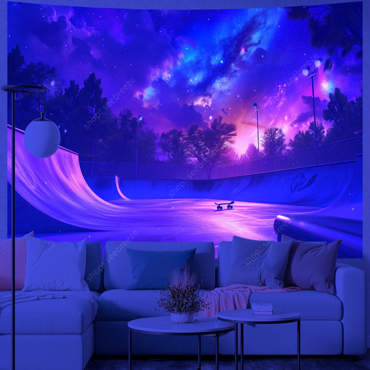 Cosmic Skate Park Under Starry Night Sky UV Reactive Tapestry for Psychedelic Art Mystic Kawaii Room Decor Mandala Picnic Carpet