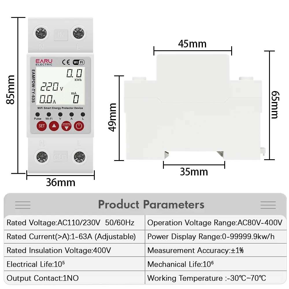 63A Tuya Smart WiFi Circuit Breaker Switch BI-Direction Measuring Earth Leakage Over Under Voltage Protector Energy Power Meter