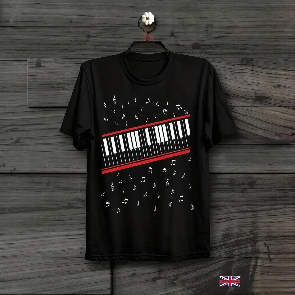 White Retro Piano Key Graphic T Shirt Floating Musical Note Red Double Line Frame Chest Print Oversized Unisex Tops
