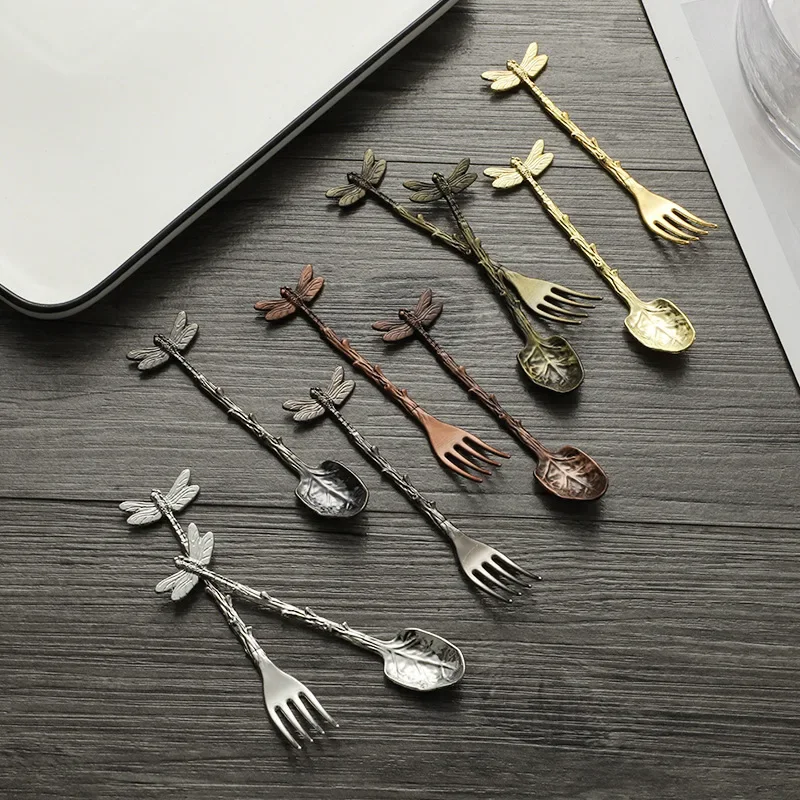 New Vintage Forest Style Coffee Dessert Dragonfly Branch Spoon Gift Craft Ice Cream Fork Spoon Set