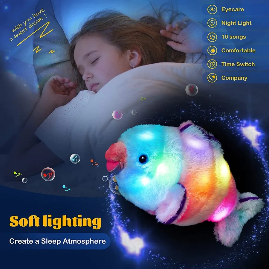 33cm LED Musical Rainbow Fish Stuffed Light-up Singing Plush Toys Animals Fish Doll Lullaby Birthday Gifts for Kids Luminous