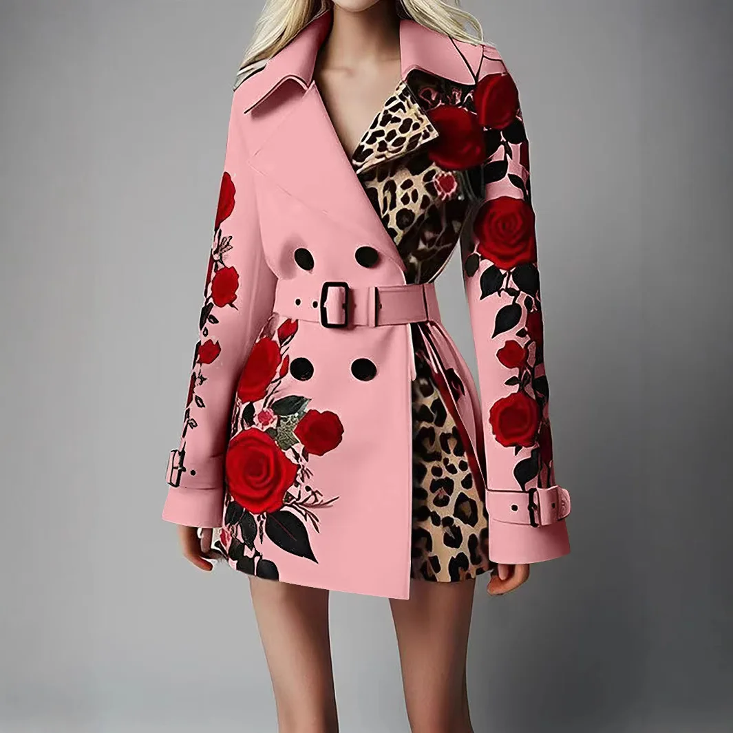 Rose Leopard Print Women Suit Coat Autumn Winter Lapel Double Breasted With Belt Coats Elegant Office Lady Blazer Suits Jacket