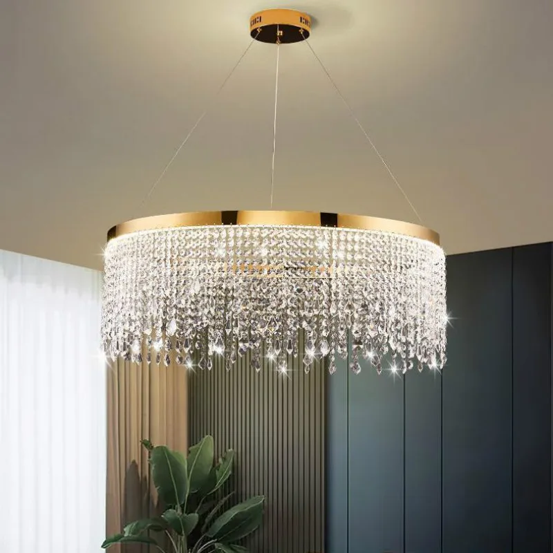 

Modern K9 Crystal Chandelier Luxury Gold LED Pendant Lamp Circle Design Hanging Lights for Living Room Home Decoration Lighting