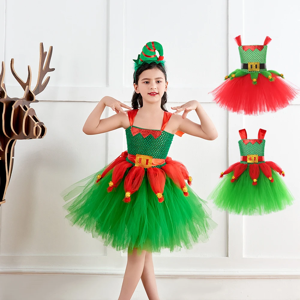 Christmas Elf Girls Tutu Dress with Headband Santa's Helper Kids Dressing up Costume for Xmas Party New Year Ball Gown