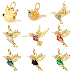 Luxury Gold Color Plated Brass Birds Charms Jewelry Pendants High Quality Copper Inlaid Zircon Diy Necklace Jewelry Accessories