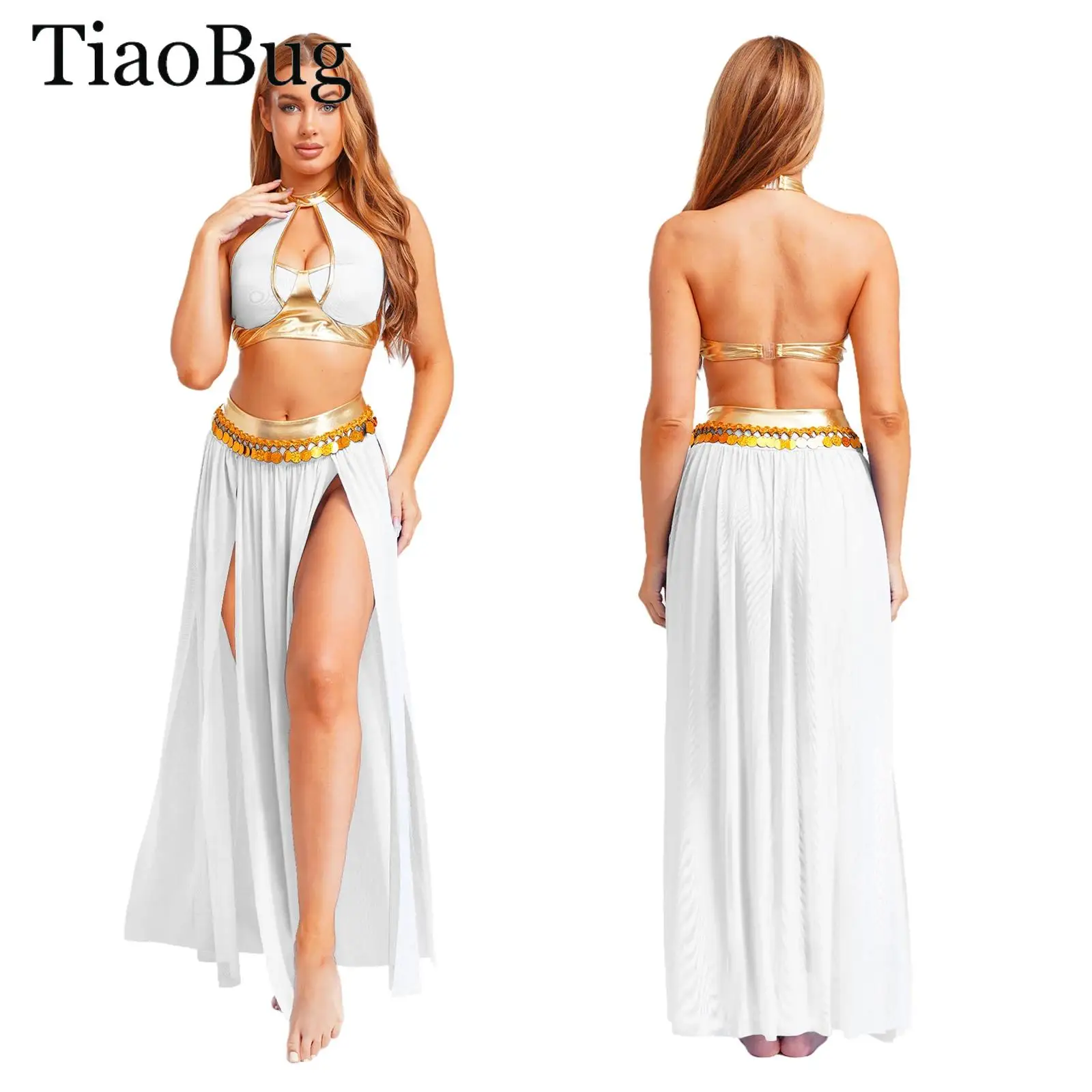 

Women Halloween Egyptian Cleopatra Cosplay Costume Halter Metallic Sequin Crop Top And Tassel Split Mesh Skirt Belly Dance Set