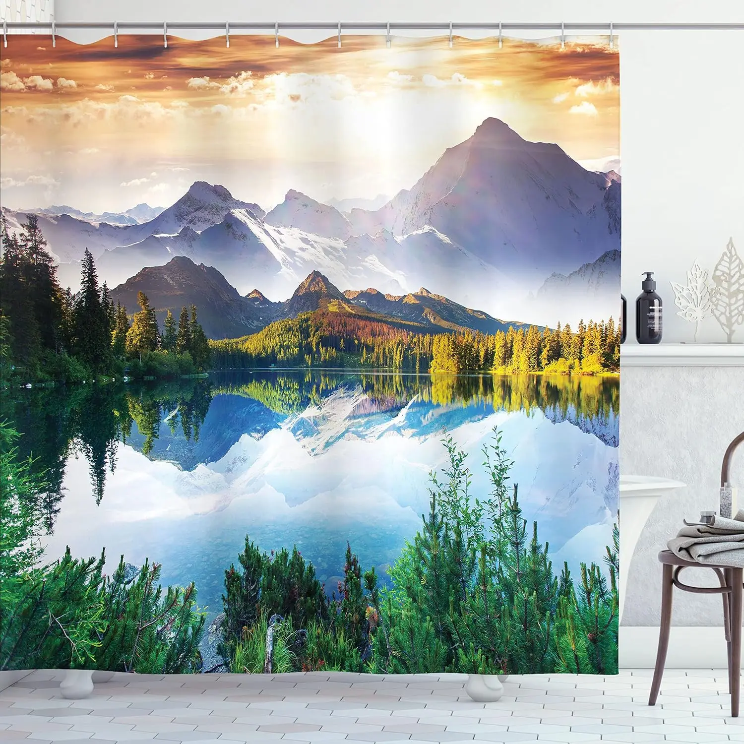 

Ambesonne Scenic Decor Collection, Mountain Lake View Sunny Day Nature Picture Art Paintings Effect Print, Polyester Fabric