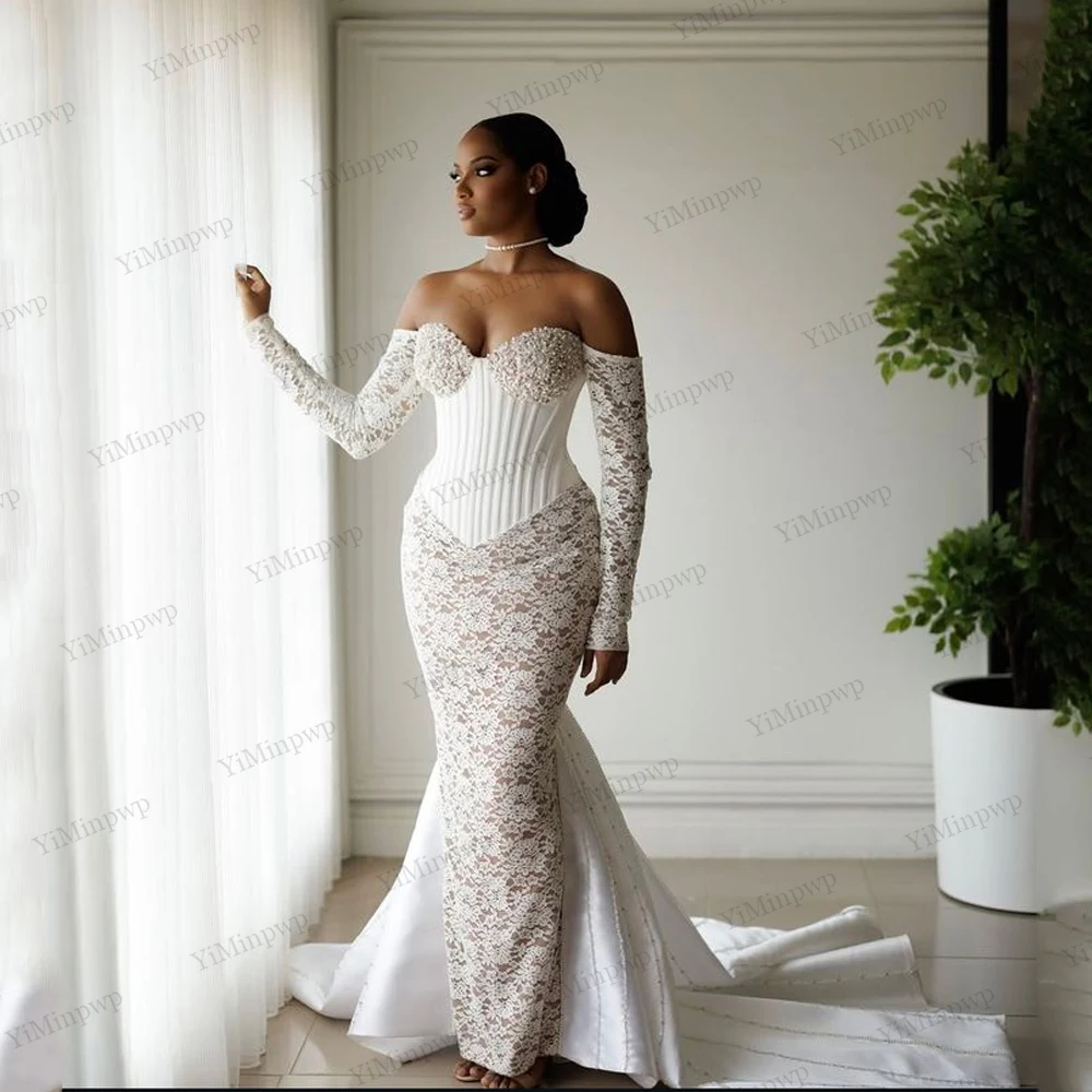 

Customized 2 In 1 Wedding Dresses Applique Beaded Full Sleeve Off Shoulder Lace Bride Gowns Africa Women Mermaid Chapel Train