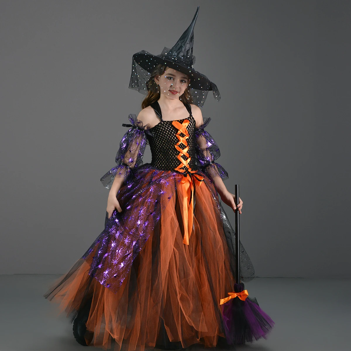 Girls Bat Witch Tutu Costume with Hat Broom Kids Halloween Themed Parties Orange Black Carnival Disguise Gown Witch Tutu Dress